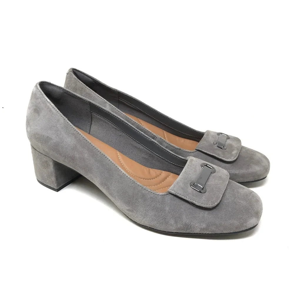 Clarks Womens 10 Tealia Gia Artisan Pumps Grey Suede Block Heel
